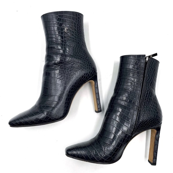 Jimmy Choo Minori Croc Booties Dusk Leather Square Toe Heels Ankle Sz 37 / 7 - Picture 9 of 11